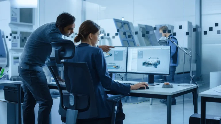 Automotive Design Factory: Project Manager and Chief Mechanical Engineer Talk, Point at Computer Display Showing 3D Electric Car Model in CAD Software