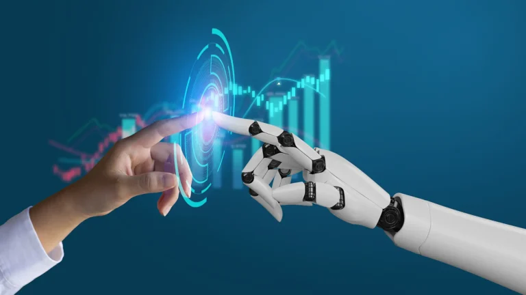AI, Machine learning, robot hand ai artificial intelligence assistance human touching on big data network connection background, Science artificial intelligence technology, innovation and futuristic