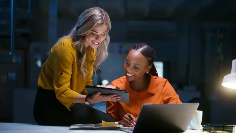 Business people, teamwork and tablet for night research, data analytics results, multimedia comparison and planning