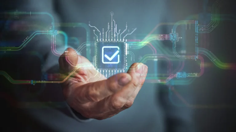 Digital agreement technology in your hand. Male hand holding futuristic check mark icon in the center and circuit board with vibrant data transfers, representing evolving assistance technology of the future