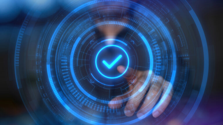 Man touching holographic ticking icon