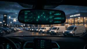 Digital vehicle data displayed on a car's rearview mirror at night.